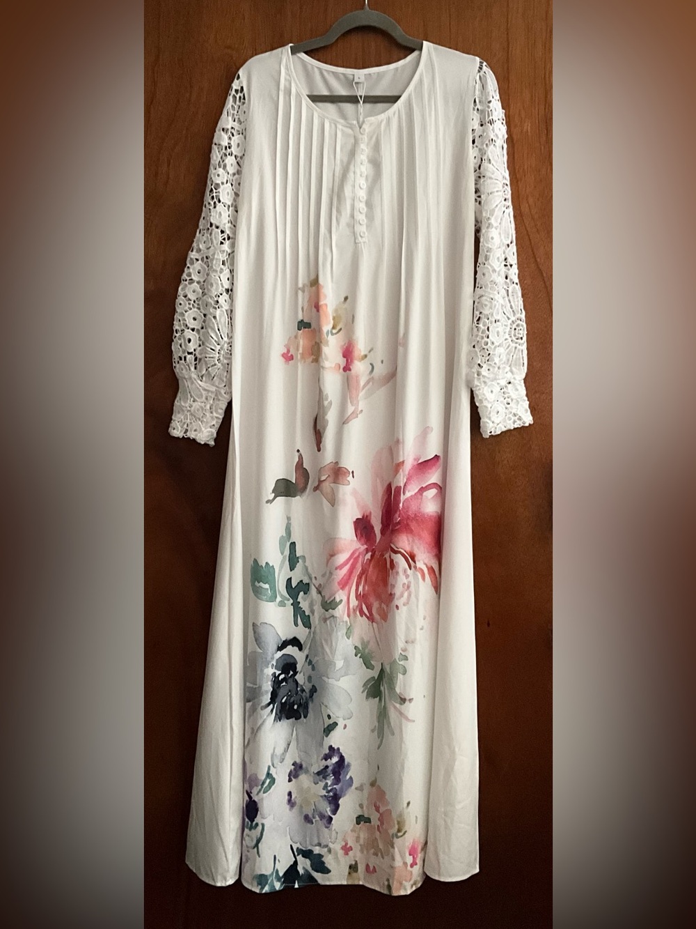White Floral Watercolor Maxi Dress with Lace Sleeves
